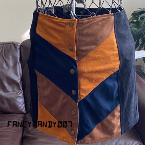 Lunik Perseus Color Block Chevron Suede Skirt Size L - Navy, Black, Ambe… - Picture 3 of 12